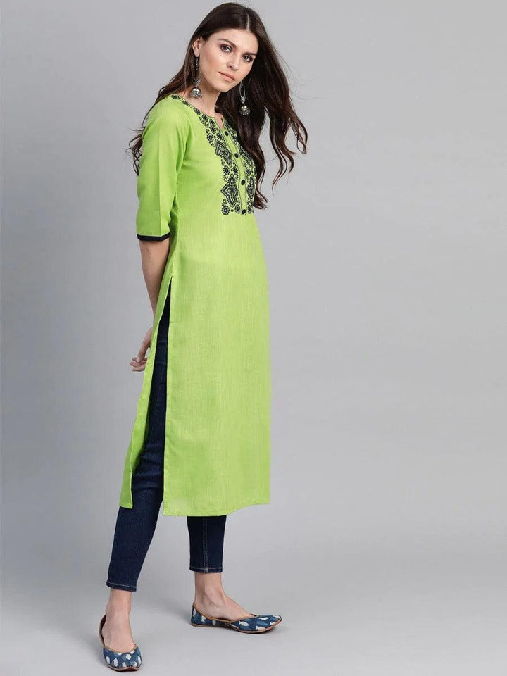 Green Embroidered Cotton Kurta - ShopLibas