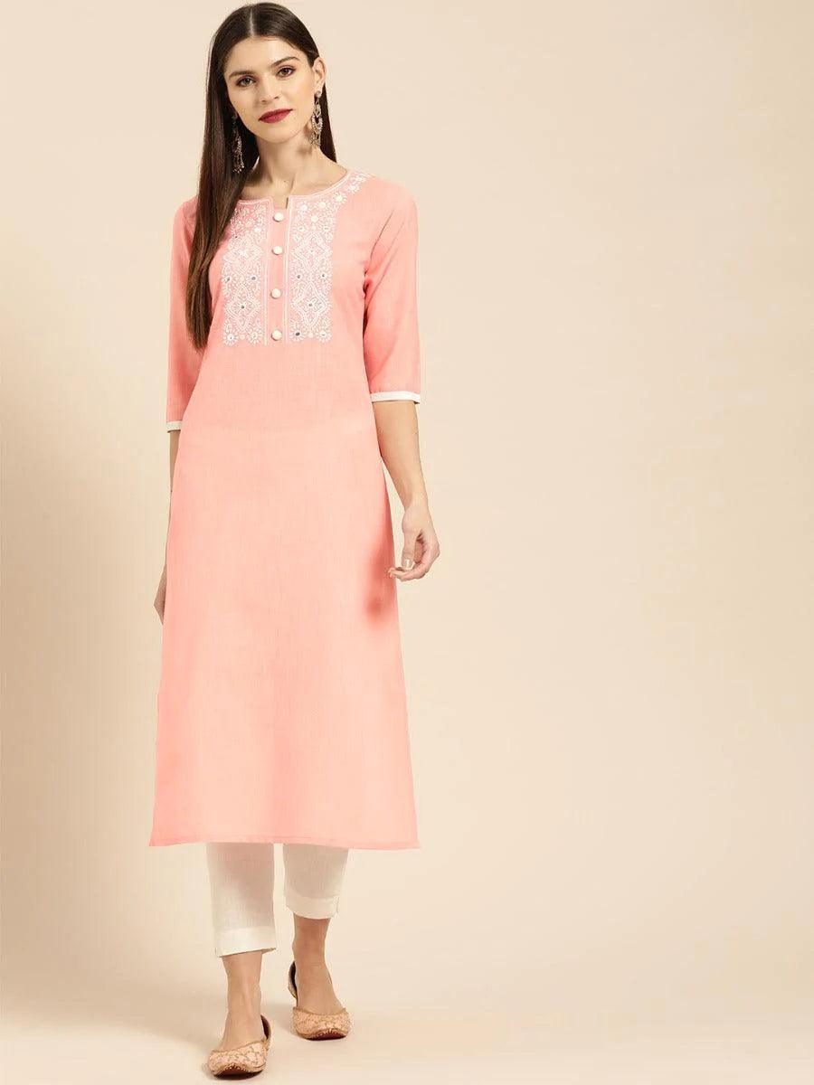 Peach Embroidered Cotton Kurta - ShopLibas