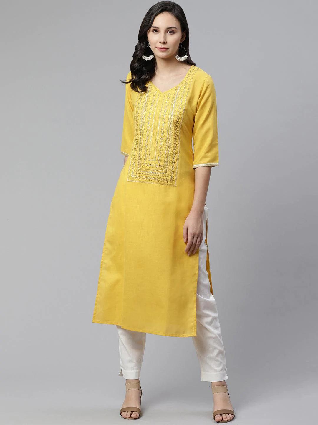 Yellow Yoke Design Cotton Kurta - ShopLibas