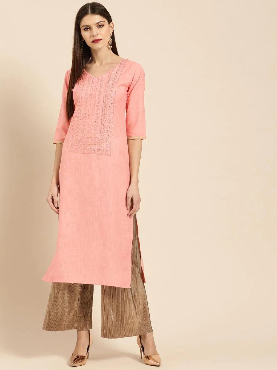 Pink Embroidered Cotton Kurta