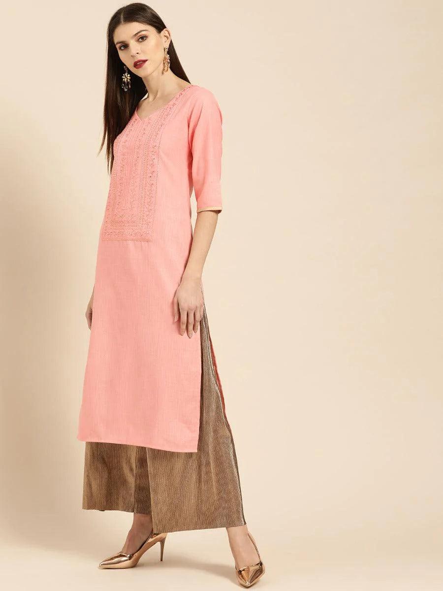 Pink Embroidered Cotton Kurta