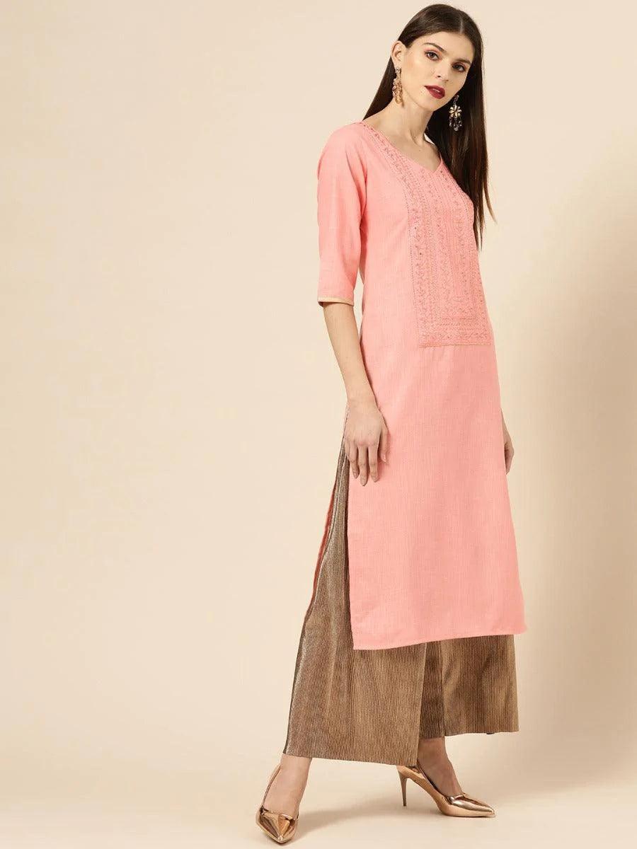 Pink Embroidered Cotton Kurta