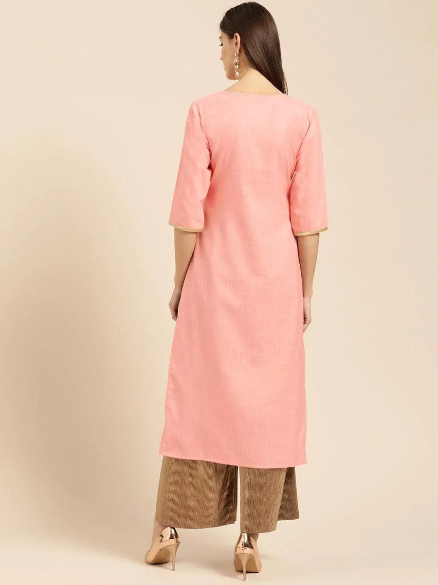 Pink Embroidered Cotton Kurta