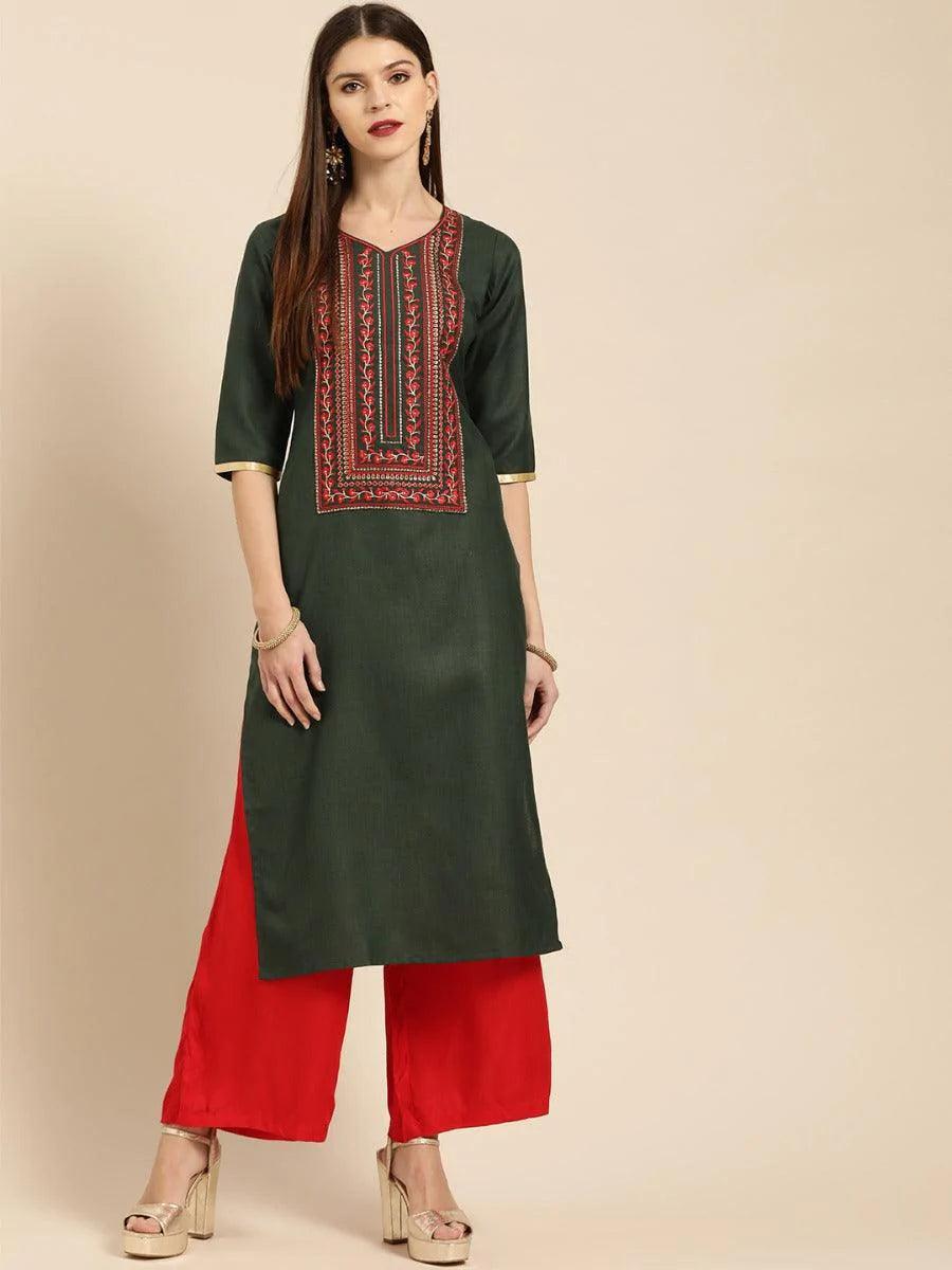 Green Embroidered Cotton Kurta - ShopLibas