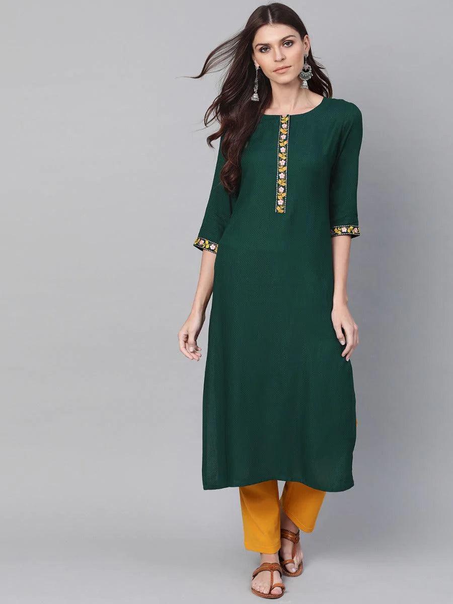 Green Woven Design Cotton Kurta