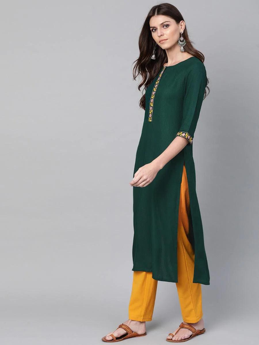 Green Woven Design Cotton Kurta