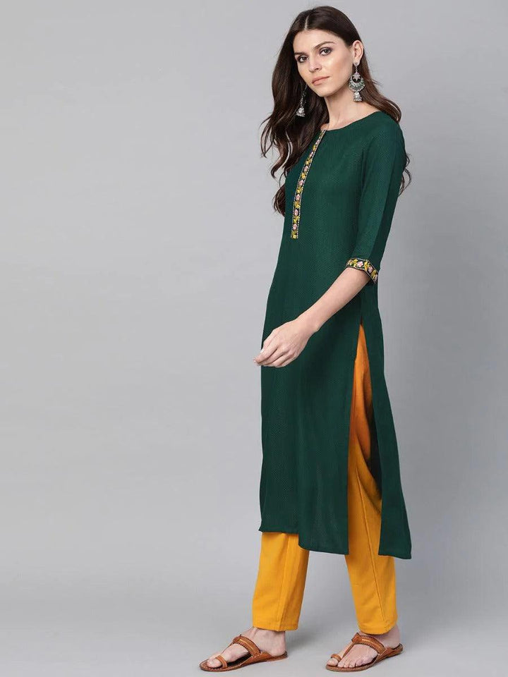 Green Woven Design Cotton Kurta - ShopLibas