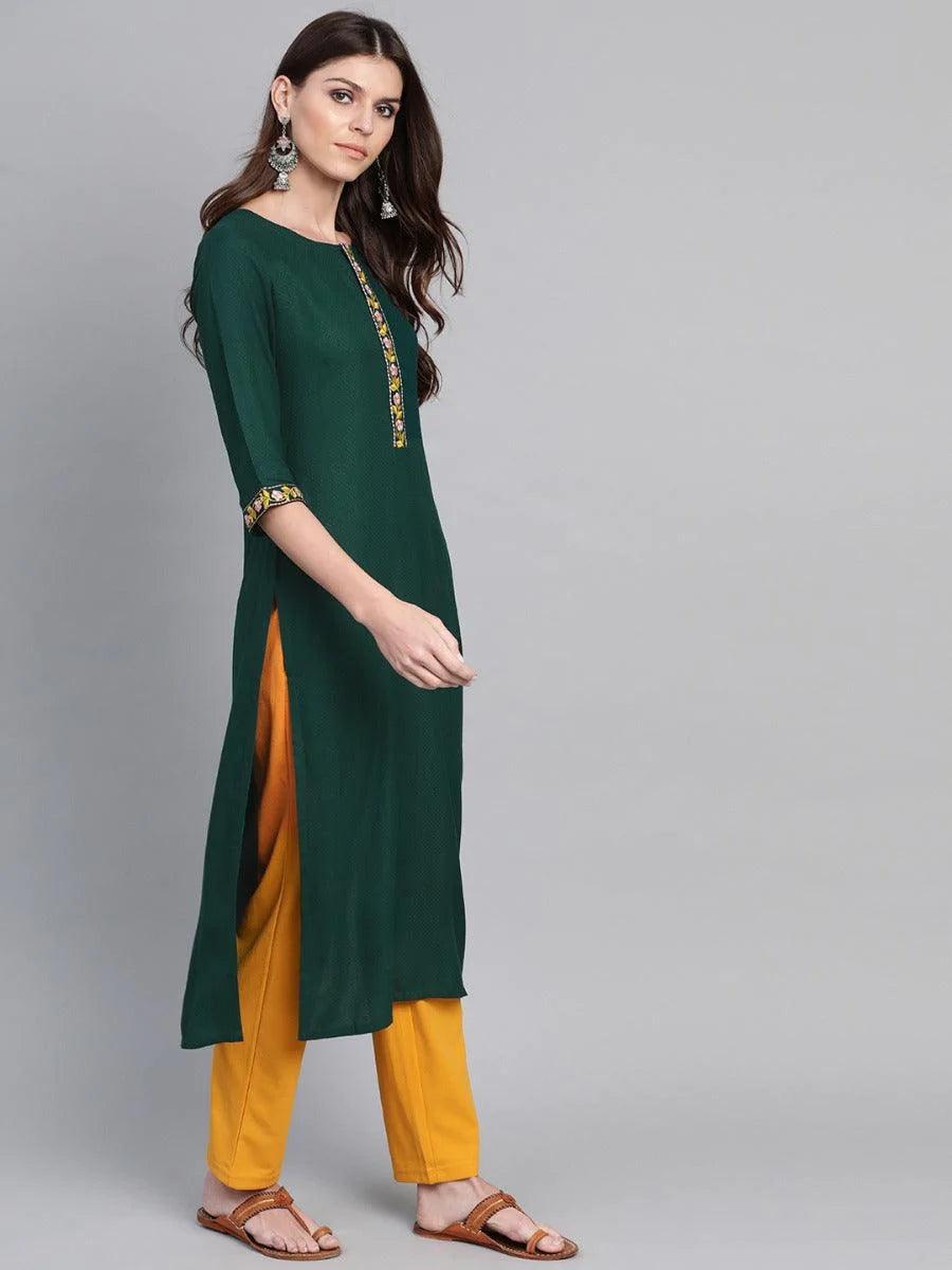 Green Woven Design Cotton Kurta