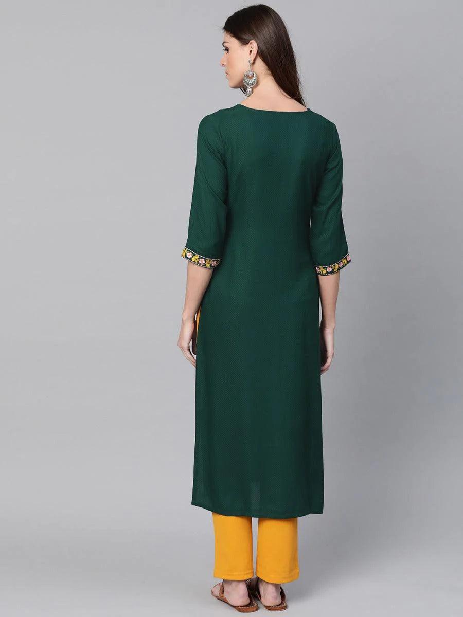 Green Woven Design Cotton Kurta