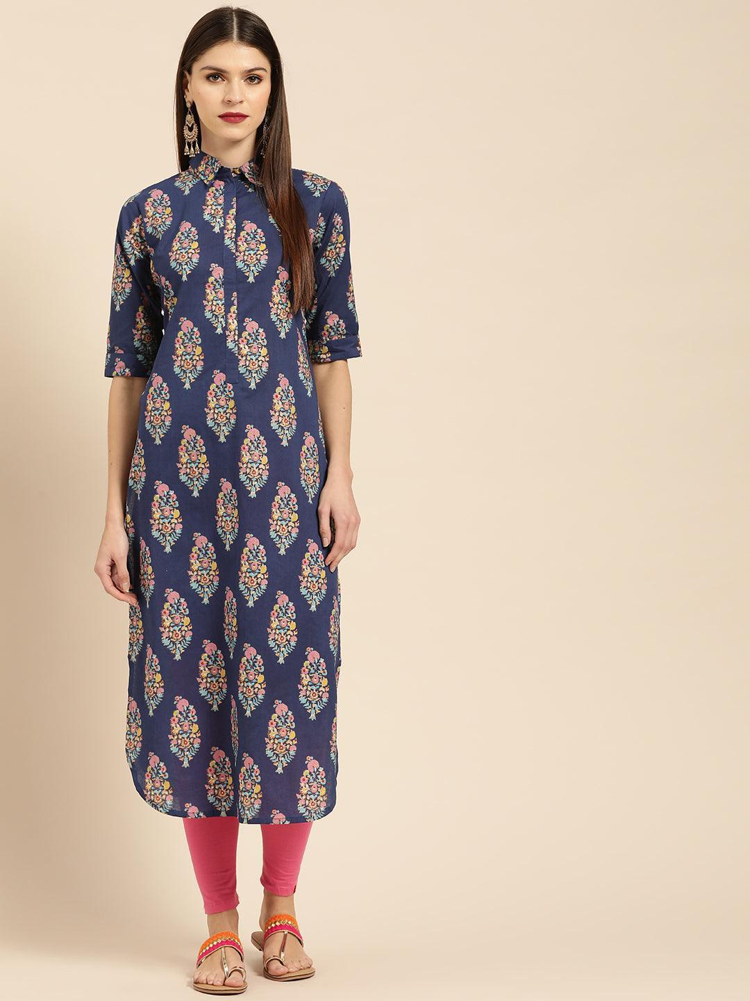 Blue Printed Cotton Kurta - ShopLibas