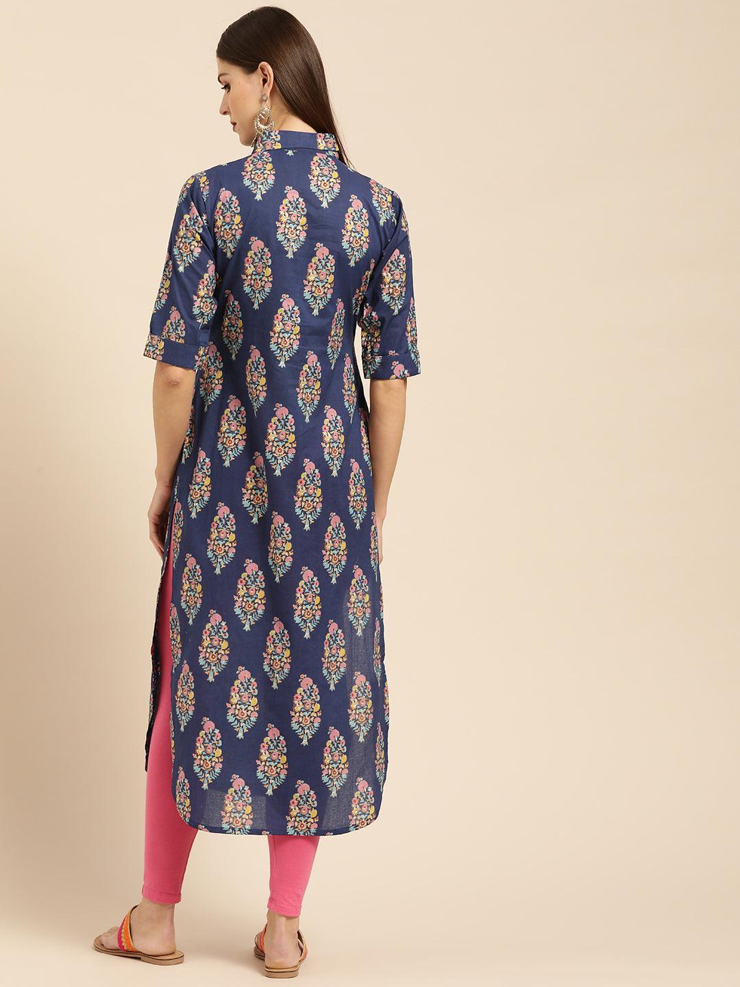 Blue Printed Cotton Kurta - ShopLibas