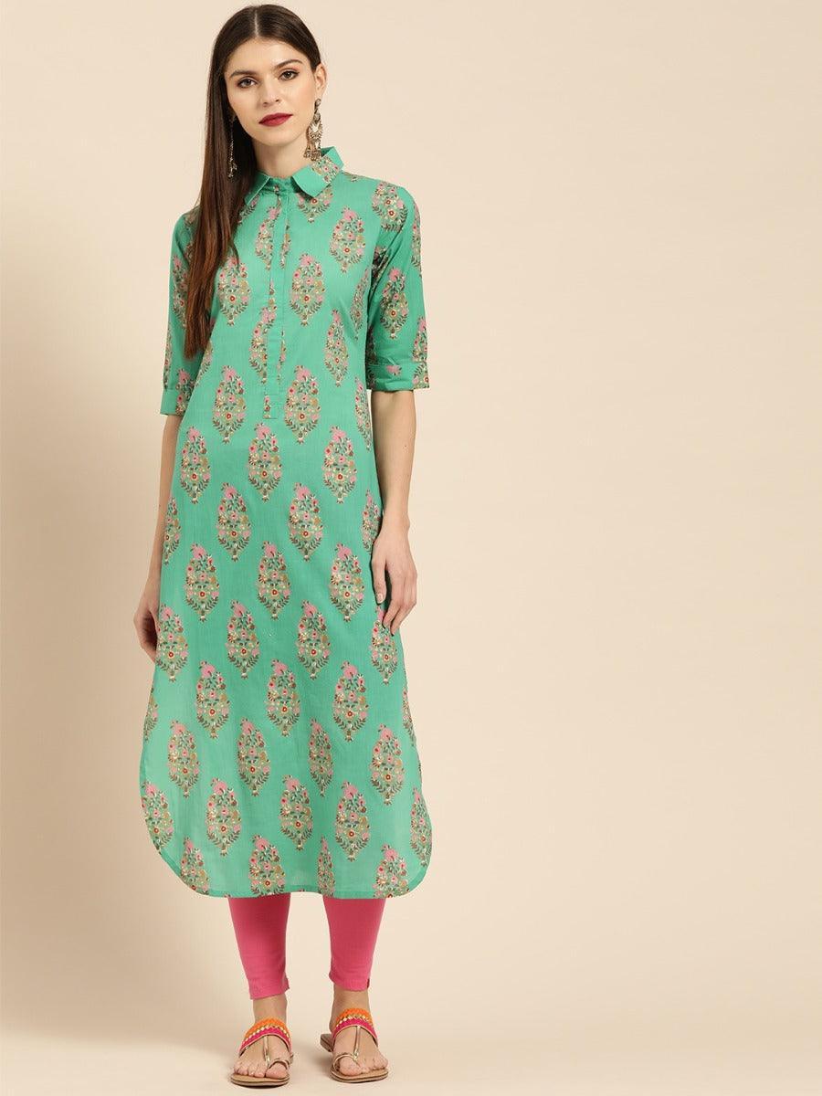 Sea Green Printed Cotton Kurta - ShopLibas