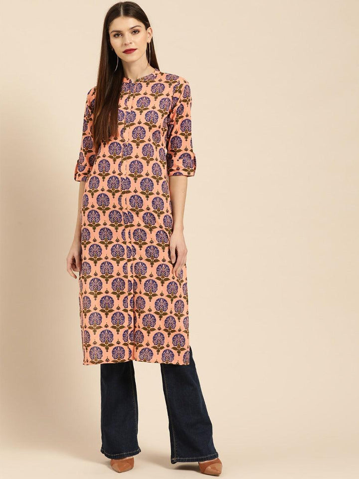 Peach Printed Rayon Kurta - ShopLibas