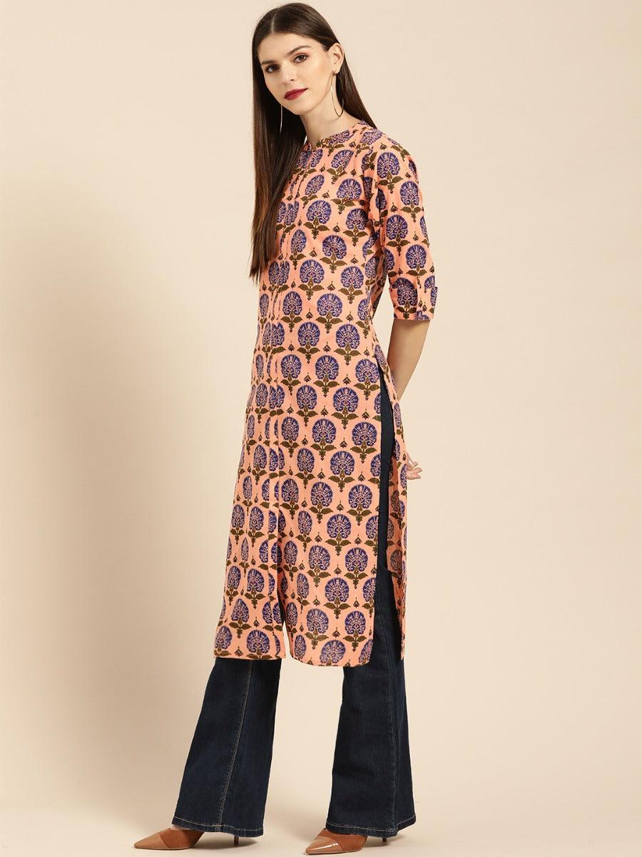 Peach Printed Rayon Kurta - ShopLibas