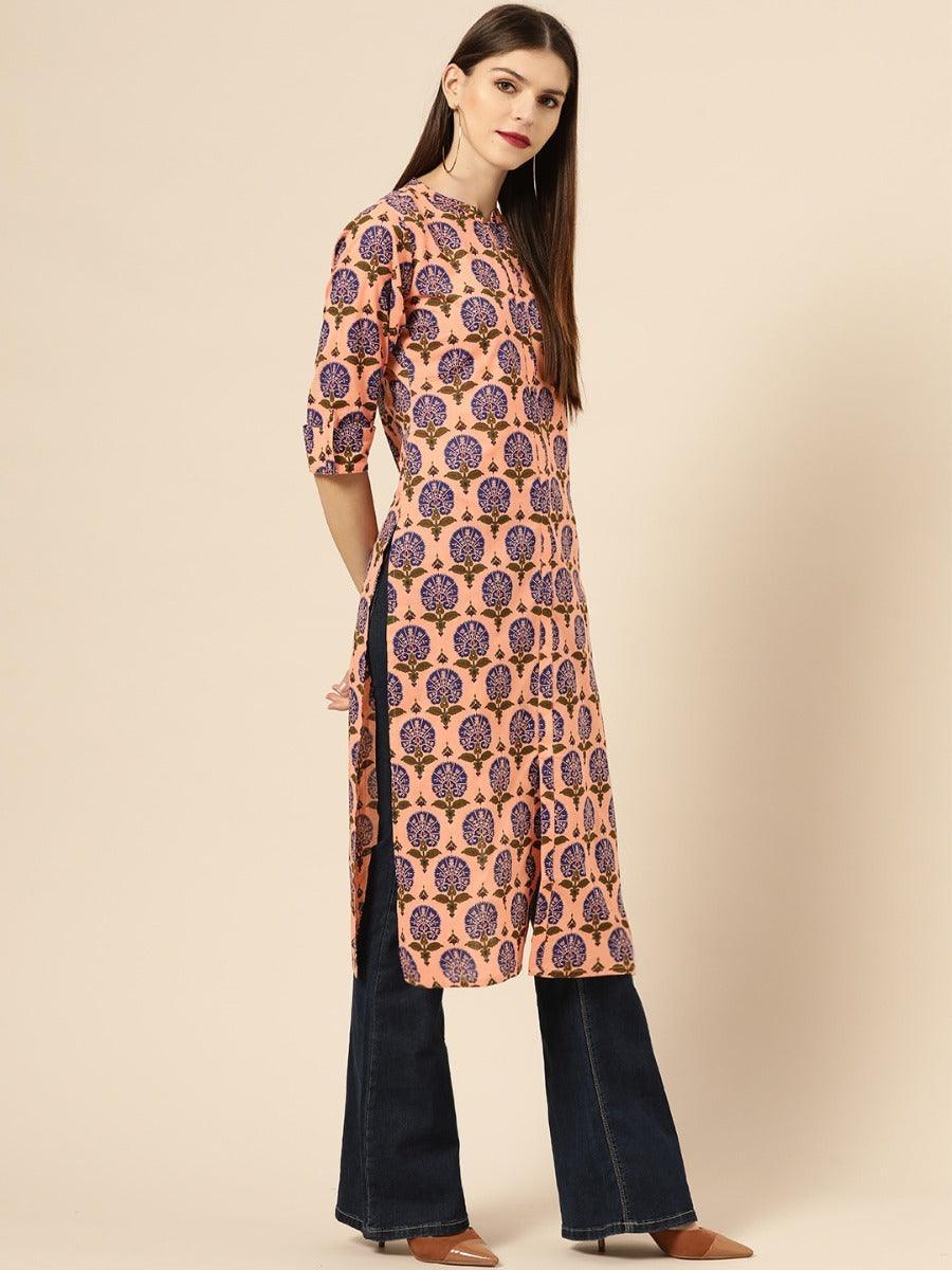 Peach Printed Rayon Kurta - ShopLibas