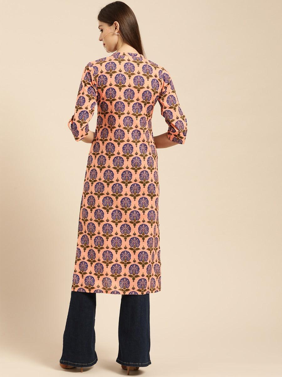 Peach Printed Rayon Kurta - ShopLibas