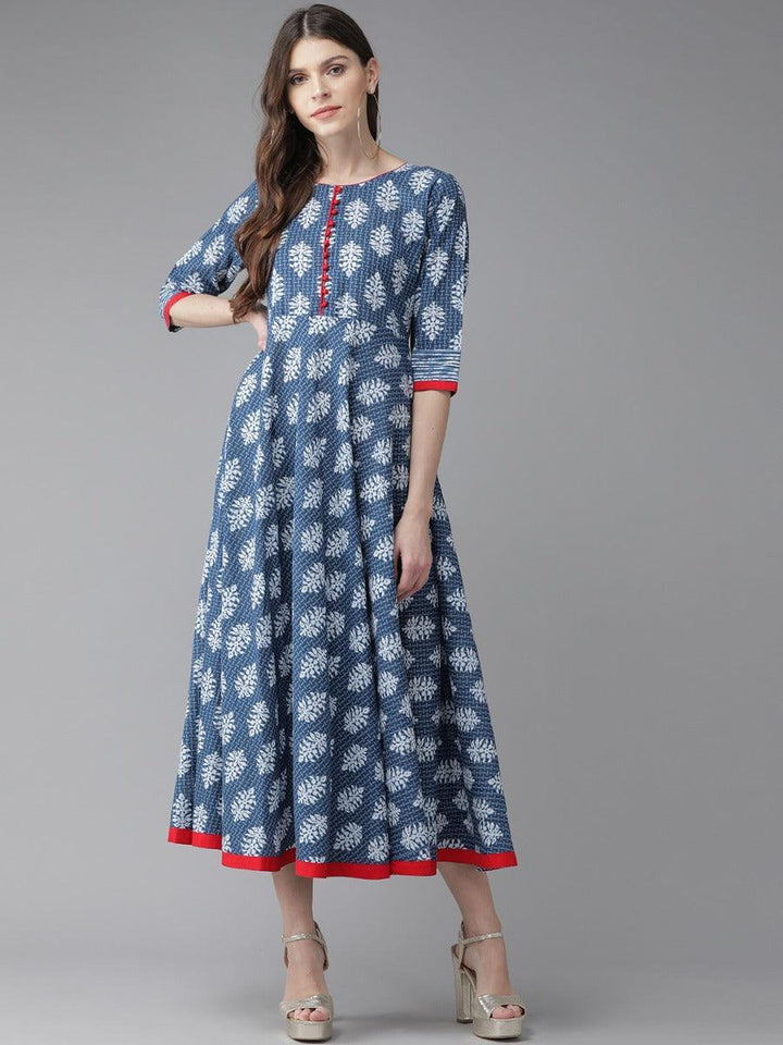 Blue Printed Cotton Dress - ShopLibas