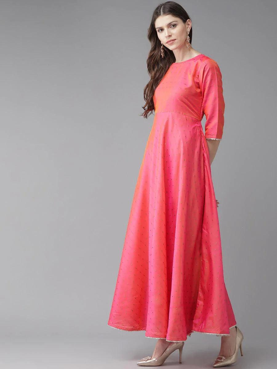 Pink Zari Work Chanderi Dress With Dupatta