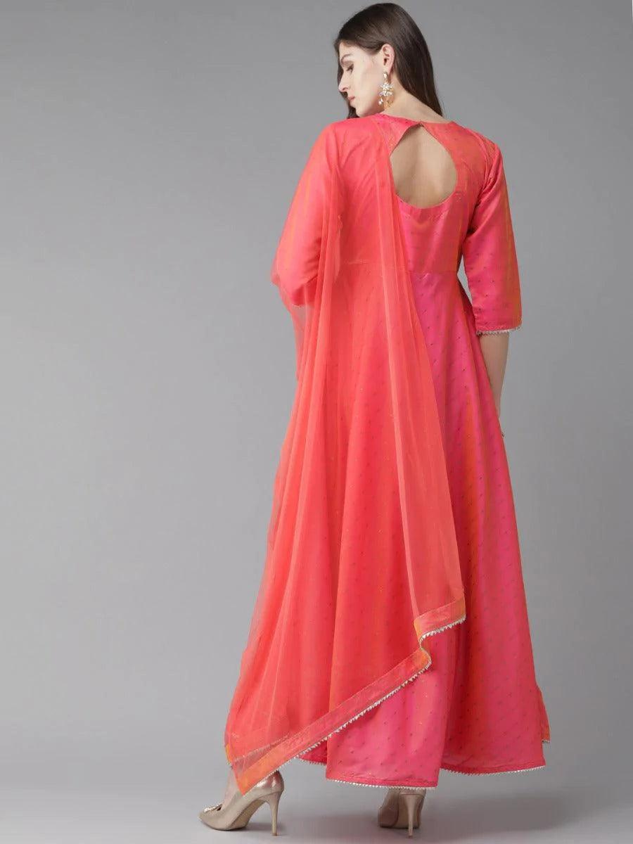 Pink Zari Work Chanderi Dress With Dupatta