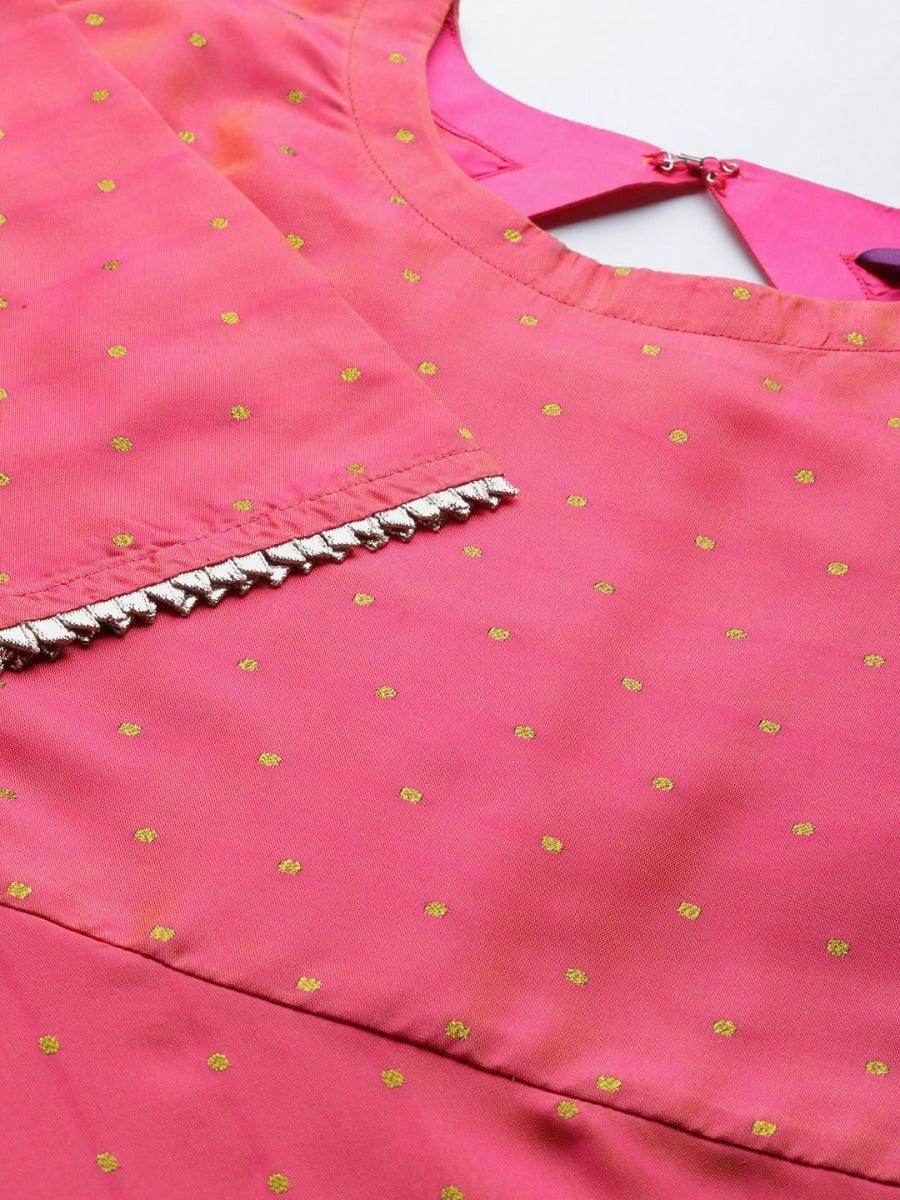 Pink Zari Work Chanderi Dress With Dupatta