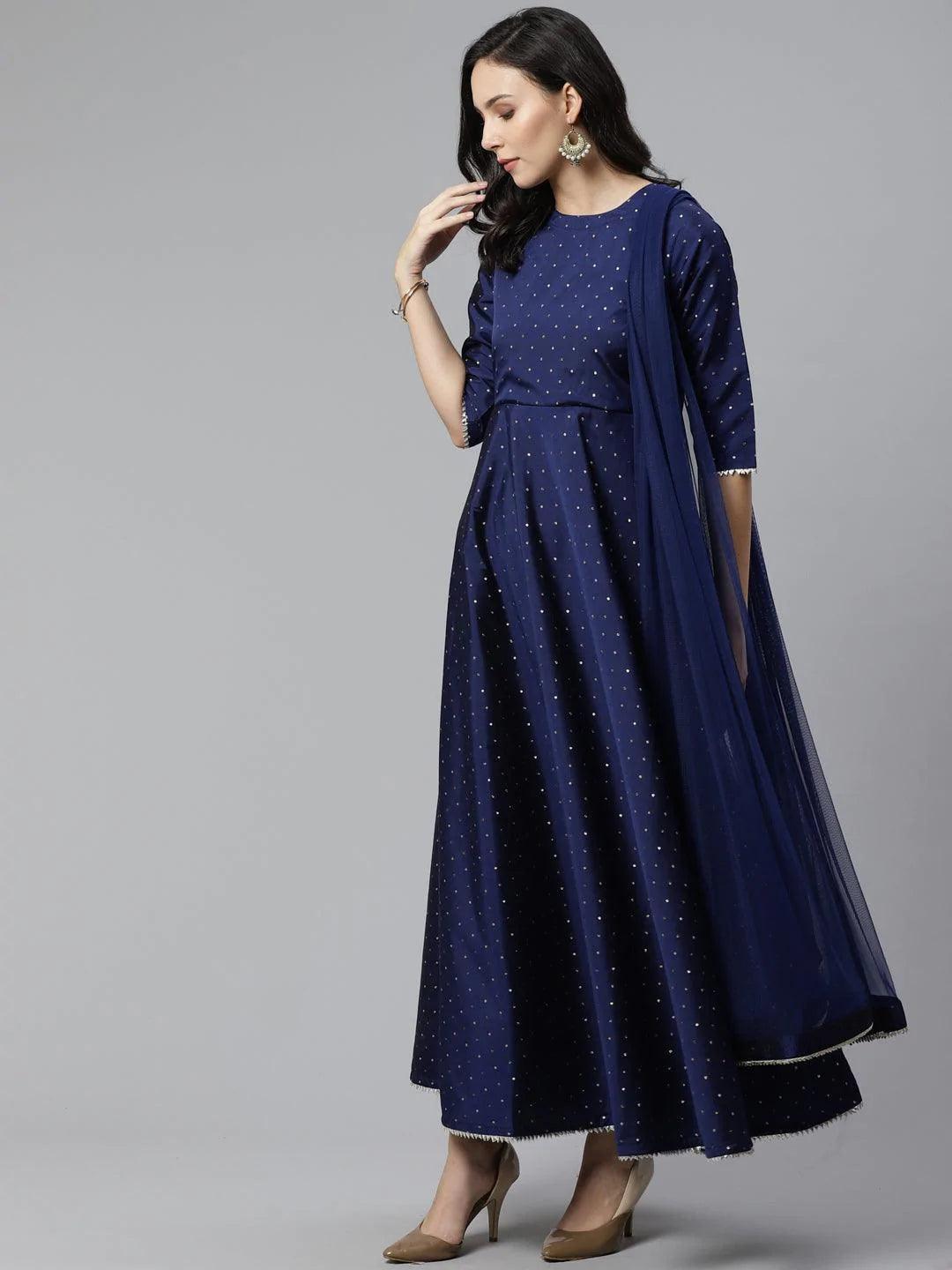 Navy Blue Self Design Chanderi Dress With Dupatta