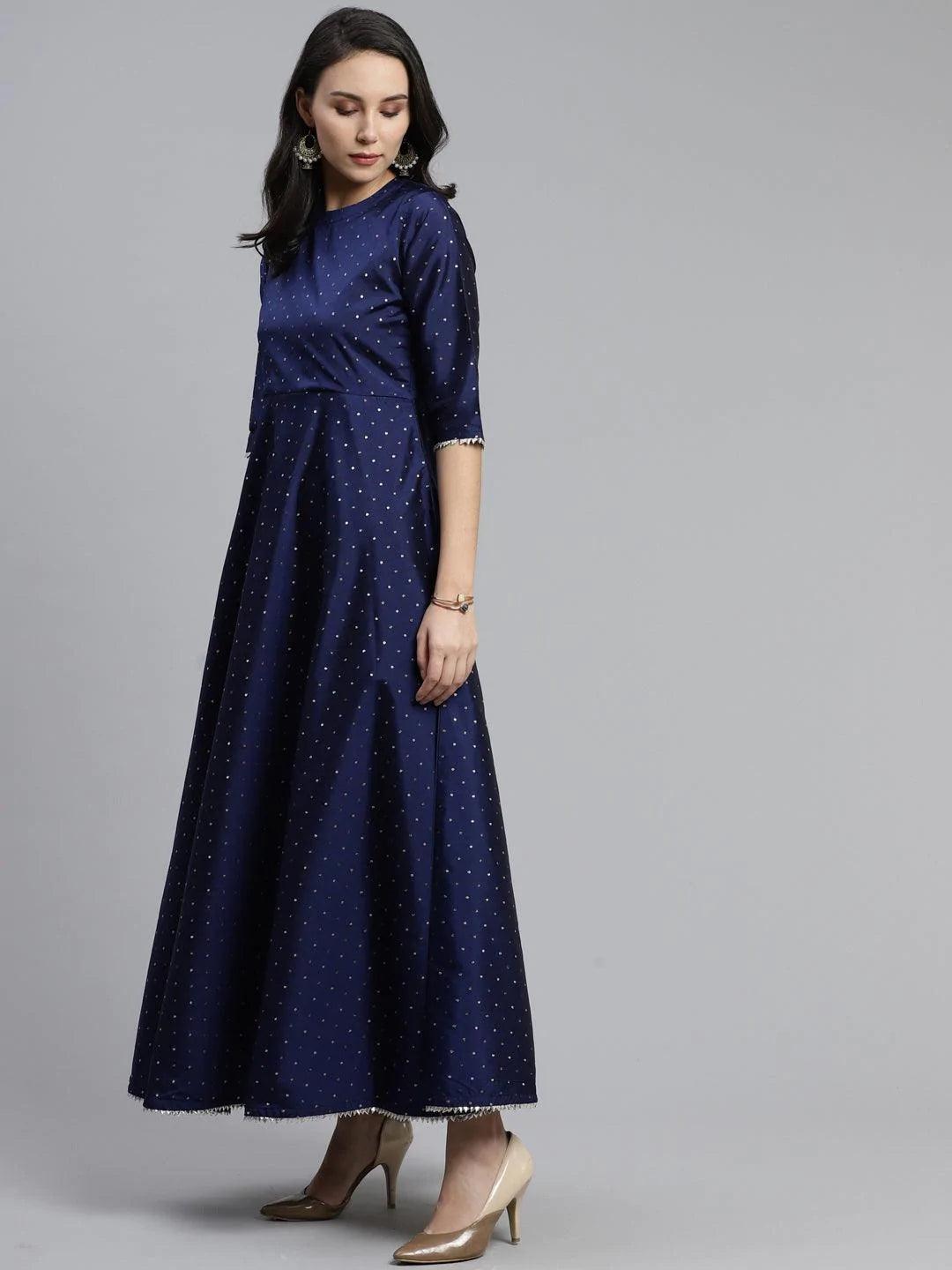 Navy Blue Self Design Chanderi Dress With Dupatta