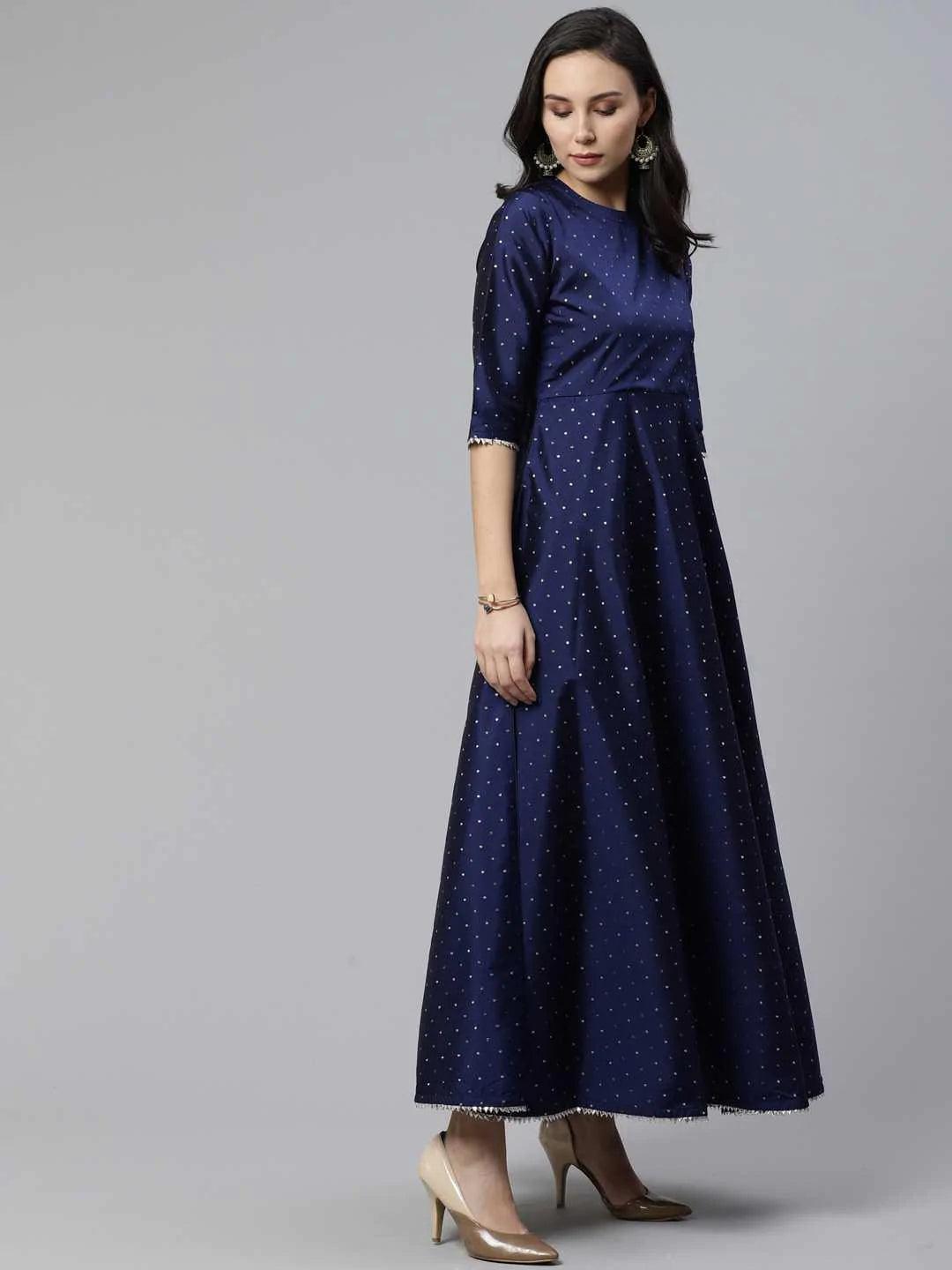 Navy Blue Self Design Chanderi Dress With Dupatta