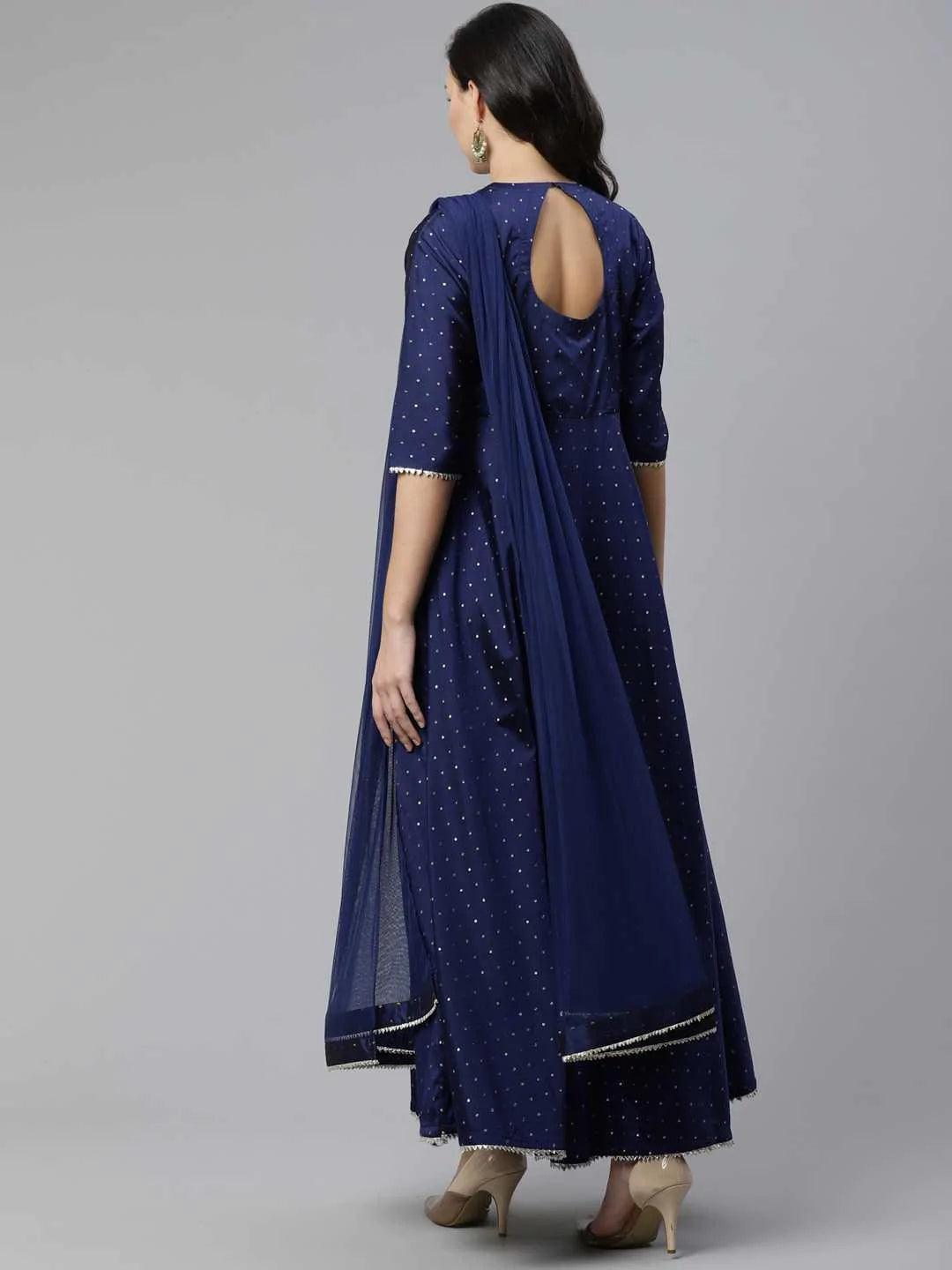 Navy Blue Self Design Chanderi Dress With Dupatta