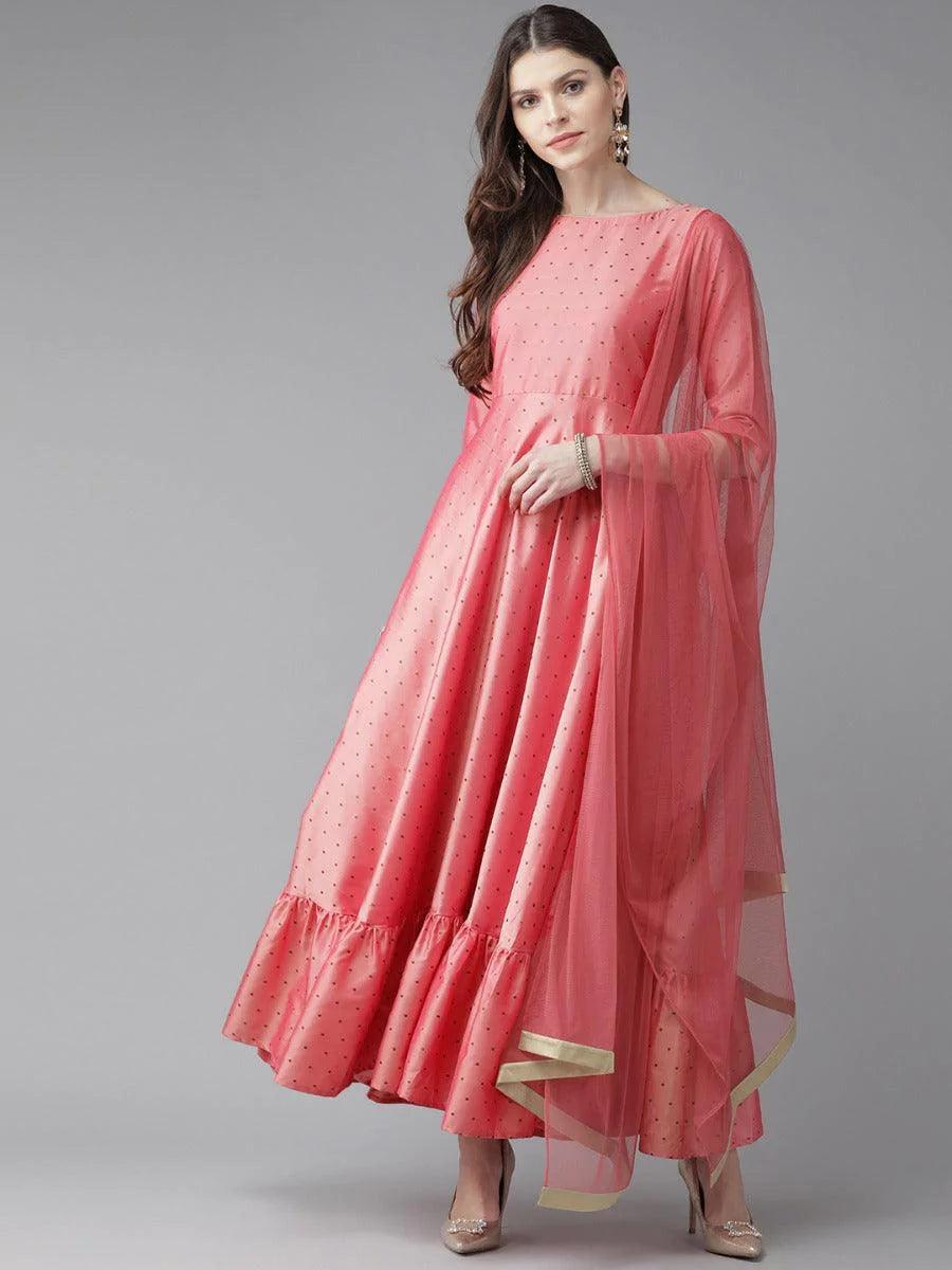 Pink Striped Chanderi Dress With Dupatta