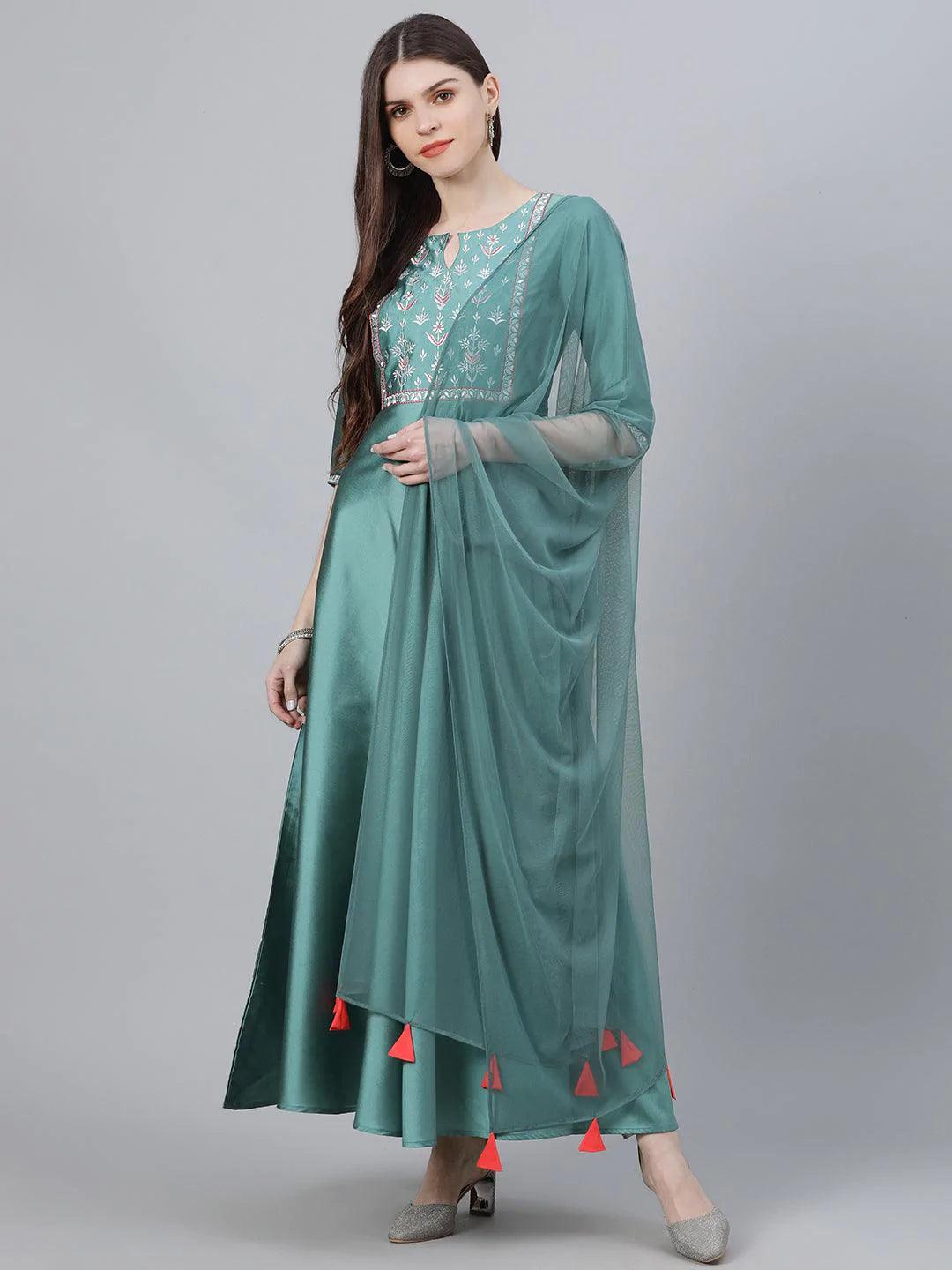 Green Solid Chanderi Dress With Dupatta