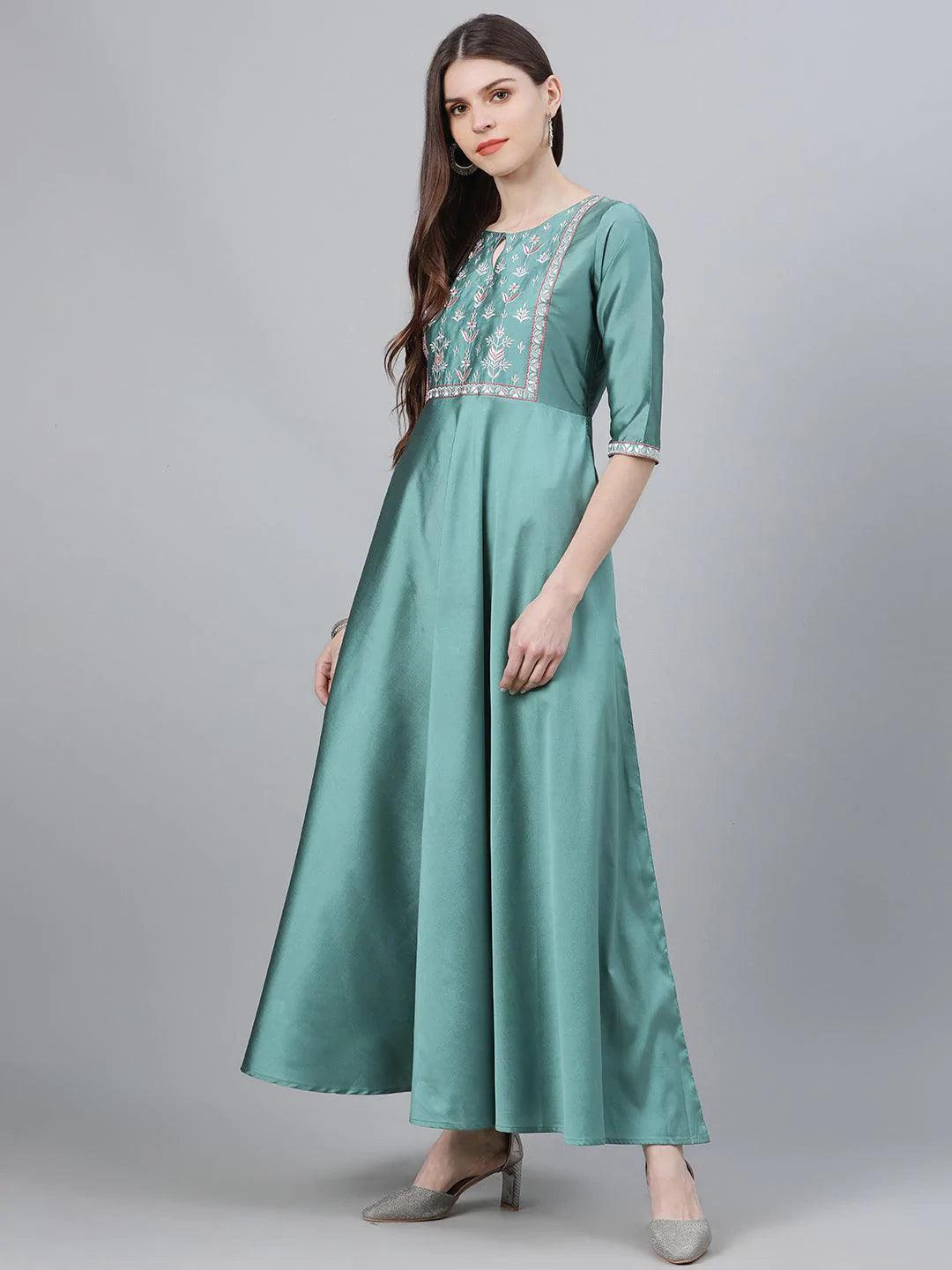 Green Solid Chanderi Dress With Dupatta - ShopLibas