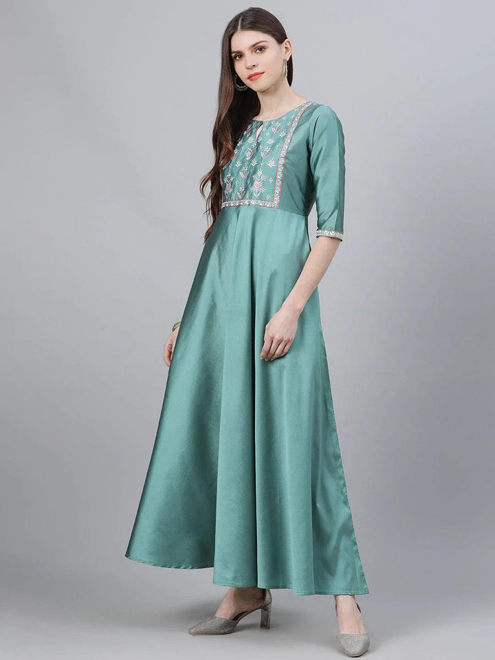 Green Solid Chanderi Dress With Dupatta - ShopLibas