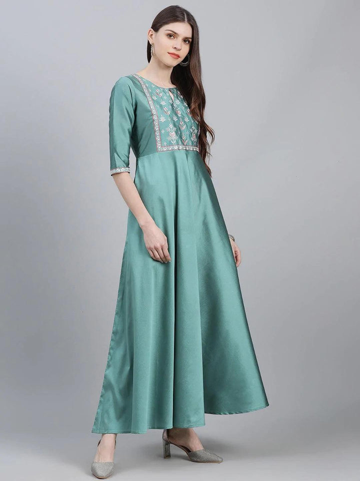 Green Solid Chanderi Dress With Dupatta - ShopLibas