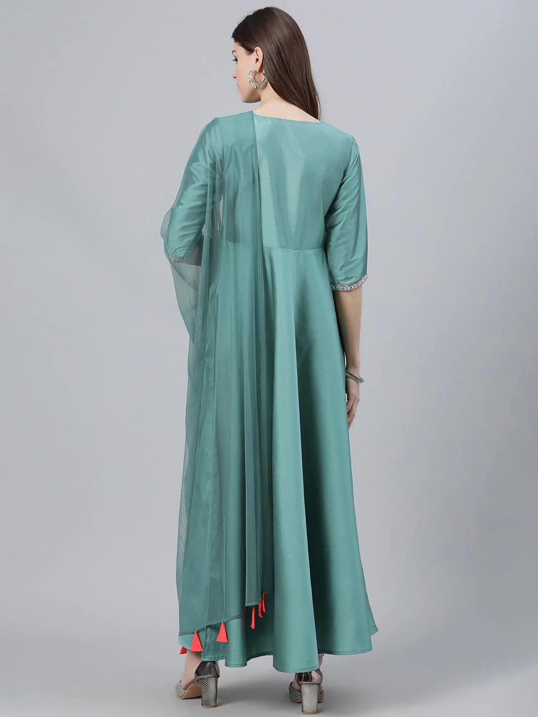 Green Solid Chanderi Dress With Dupatta - ShopLibas