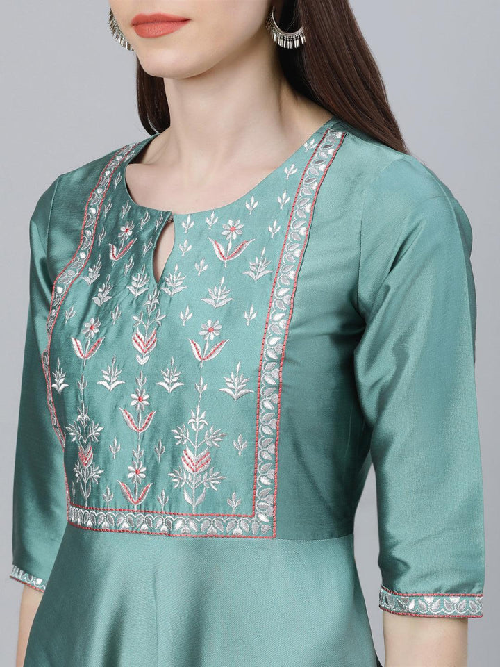 Green Solid Chanderi Dress With Dupatta - ShopLibas