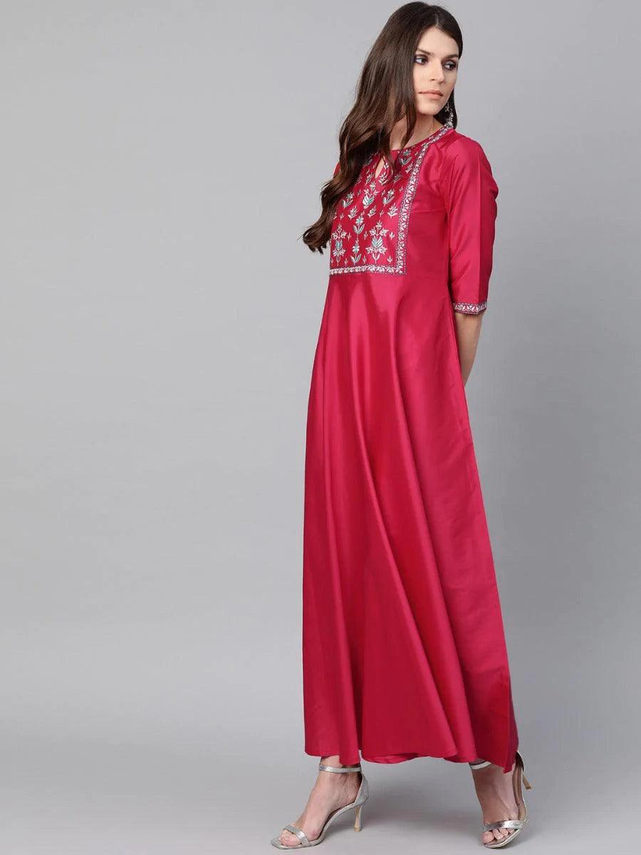 Pink Yoke Design Chanderi Dress With Dupatta