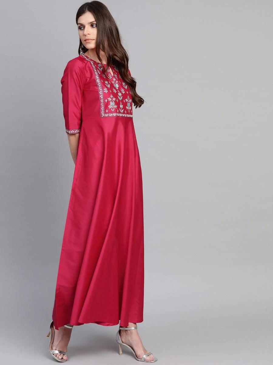 Pink Yoke Design Chanderi Dress With Dupatta