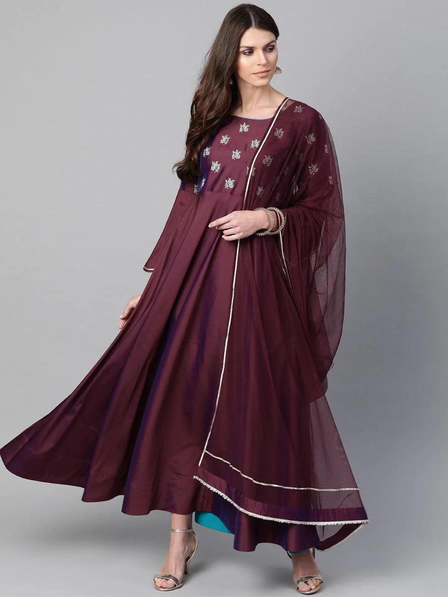 Burgundy Embroidered Chanderi Dress With Dupatta