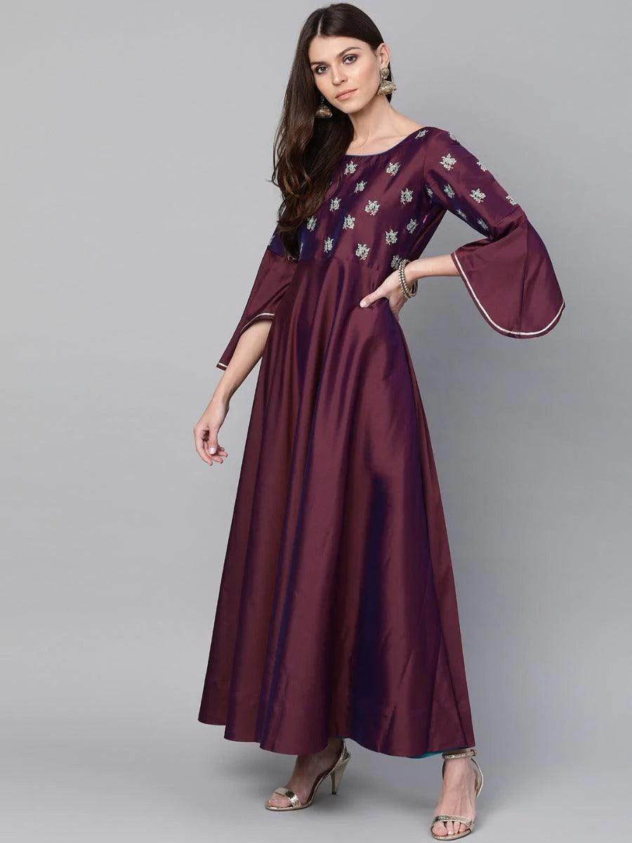 Burgundy Embroidered Chanderi Dress With Dupatta