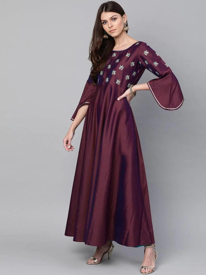 Burgundy Embroidered Chanderi Dress With Dupatta - ShopLibas