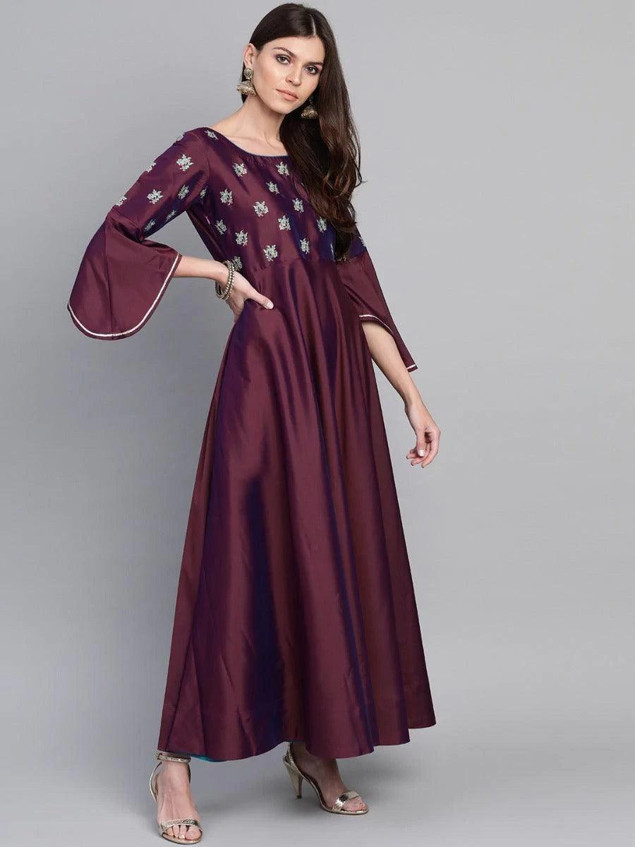 Burgundy Embroidered Chanderi Dress With Dupatta