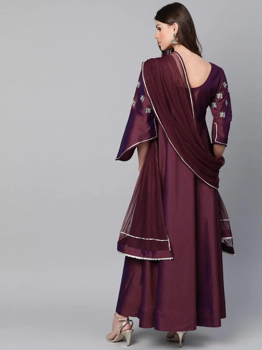 Burgundy Embroidered Chanderi Dress With Dupatta