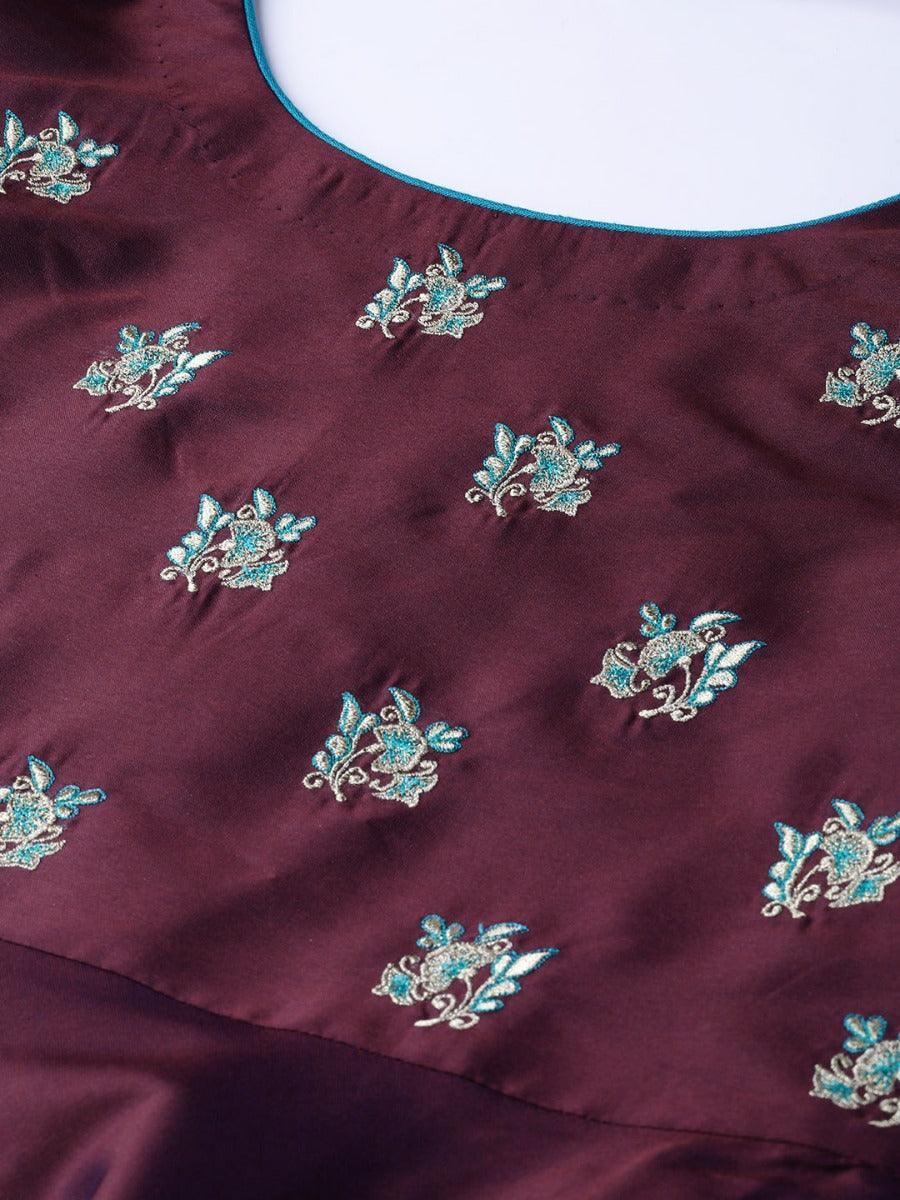 Burgundy Embroidered Chanderi Dress With Dupatta