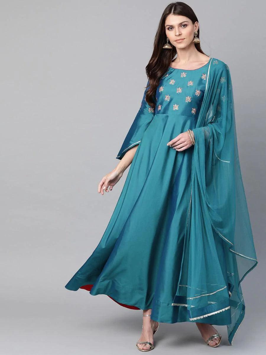 Blue Embroidered Chanderi Dress With Dupatta