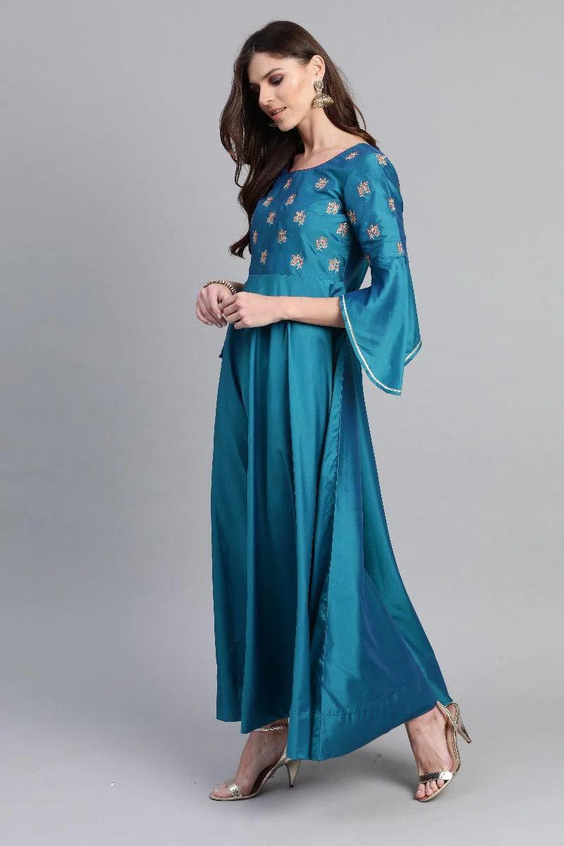 Blue Embroidered Chanderi Dress With Dupatta - ShopLibas