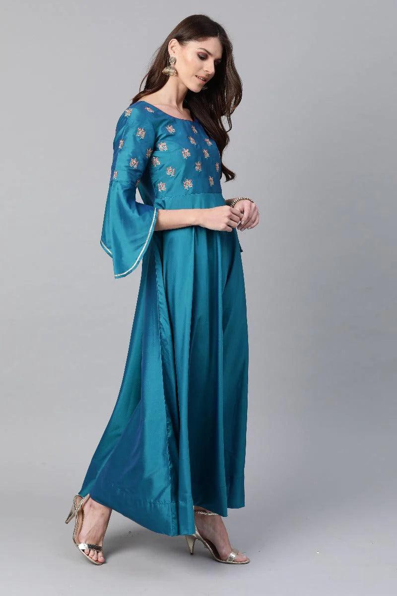 Blue Embroidered Chanderi Dress With Dupatta