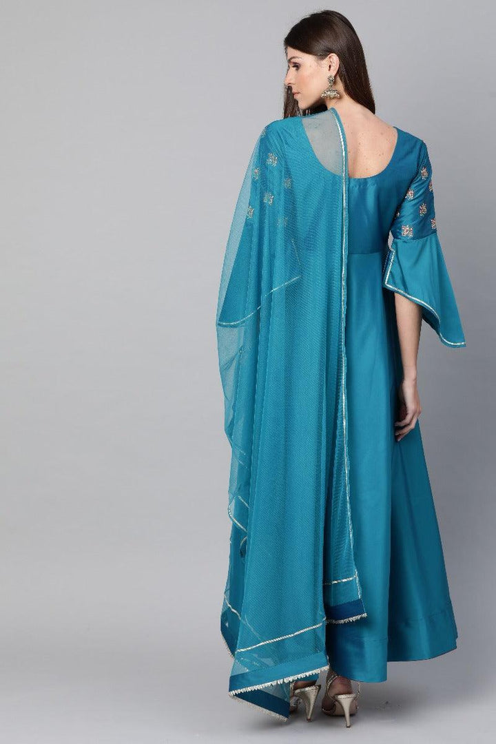 Blue Embroidered Chanderi Dress With Dupatta - ShopLibas