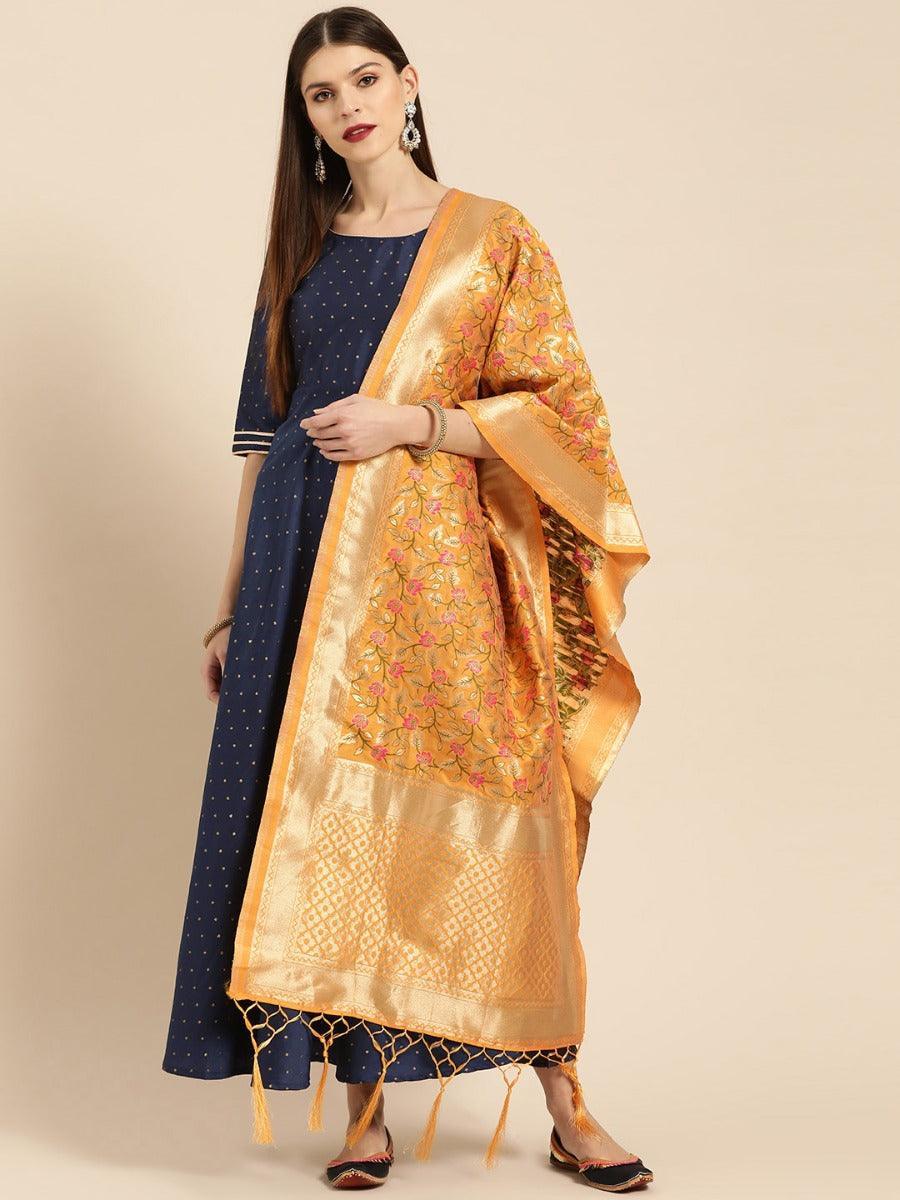 Navy Blue Zari Work Chanderi Dress With Dupatta