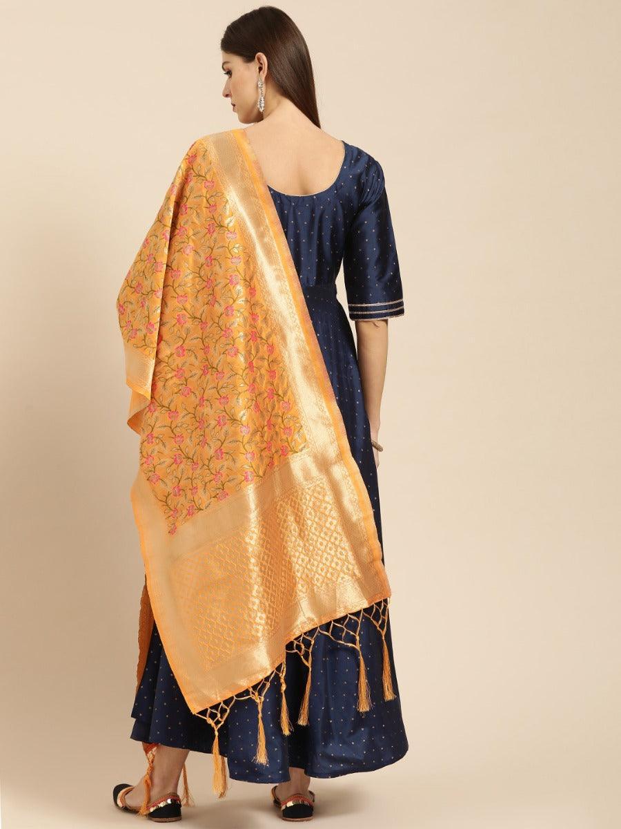 Navy Blue Zari Work Chanderi Dress With Dupatta