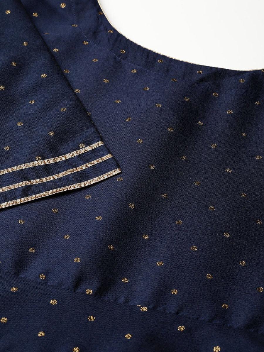 Navy Blue Zari Work Chanderi Dress With Dupatta